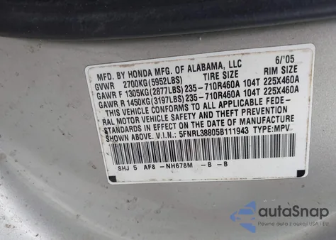 2005 Honda Odyssey Touring z USA, uszkodzony, nr VIN 5FNRL38805B111943